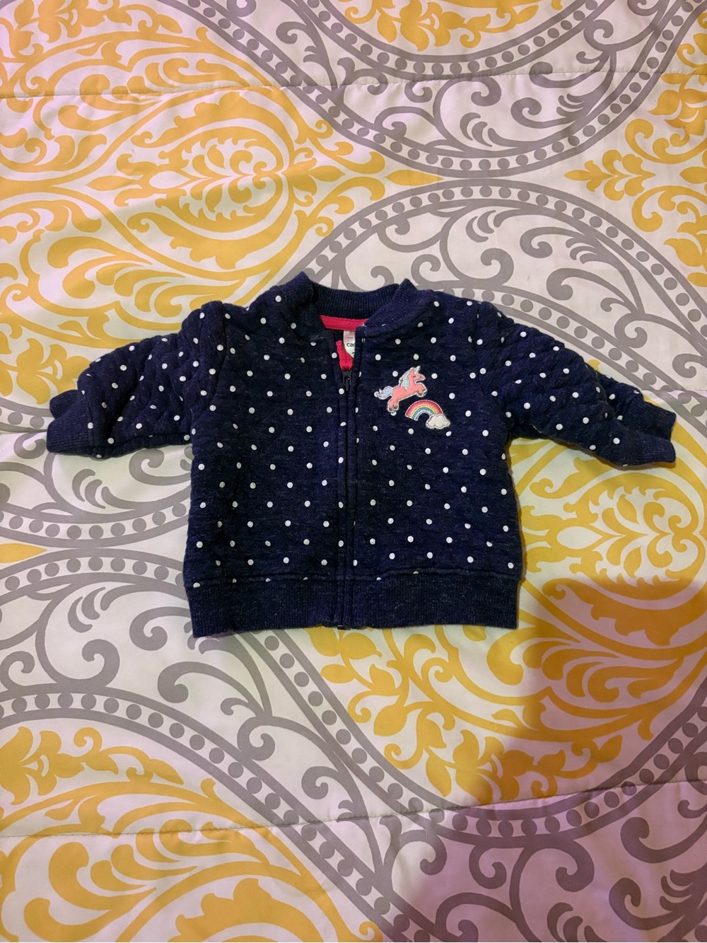 Carter's Navy Polka Dot Zip-Up Jacket with Unicorn & Rainbow Patch